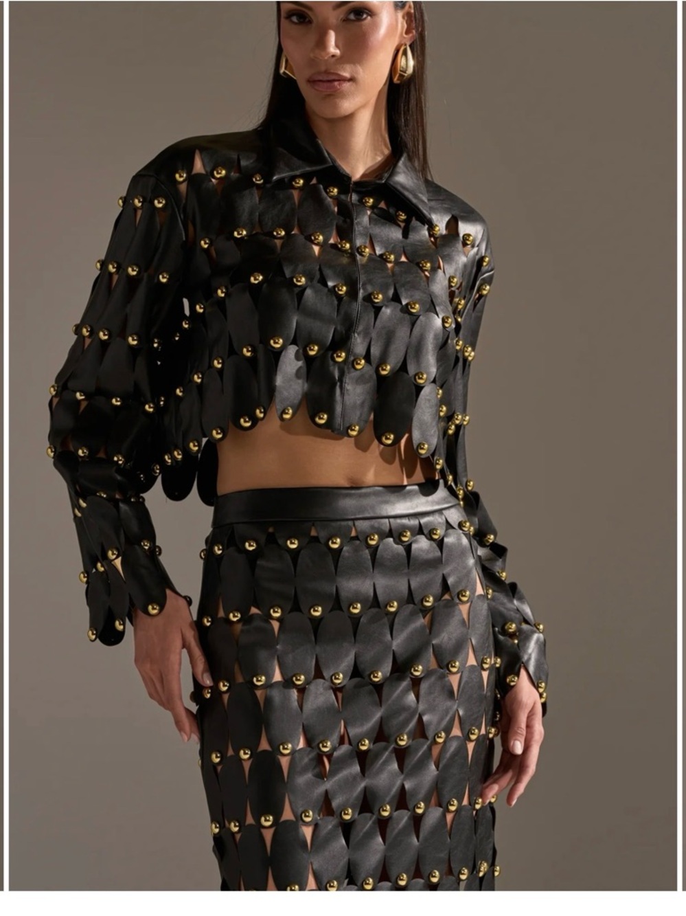 ✨AKIRA Black Cropped Studded Scalloped Leather-Look Shirt✨